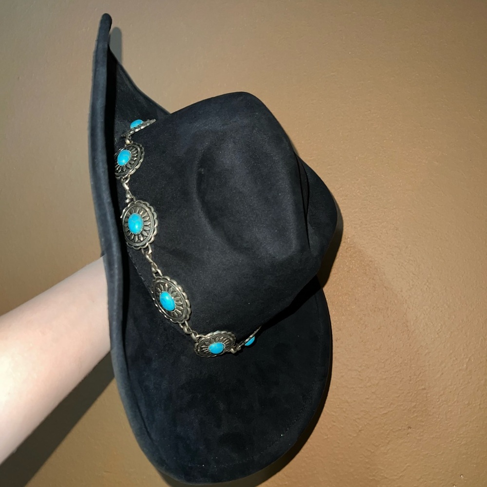 Boutique black suede turquoise cowgirl hat